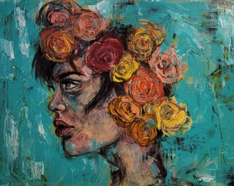Original Expressive Portrait, Flower Child, Abstract Acrylic Charcoal Painting on Canvas