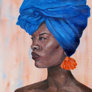May include: A painting of a woman with dark skin wearing a bright blue headscarf and a large orange earring. The background is a light peach color.