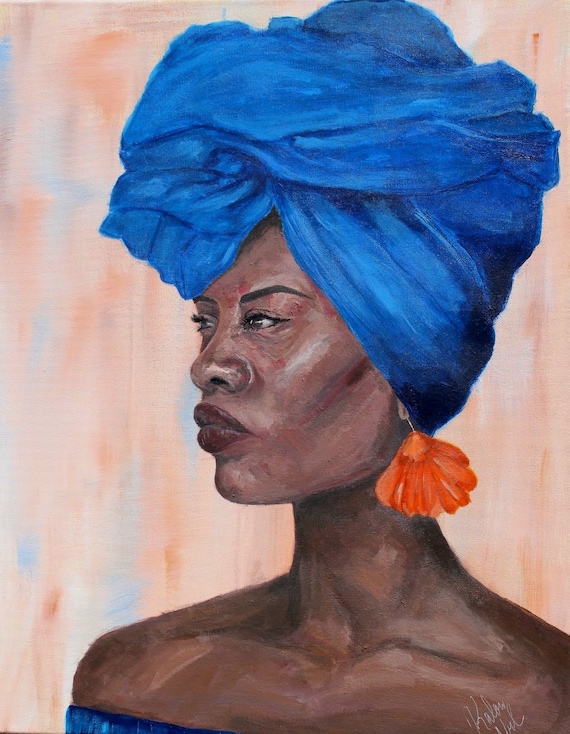 Acrylic Painting of African Woman Portrait, 16x20 Stretched Canvas Wall Art