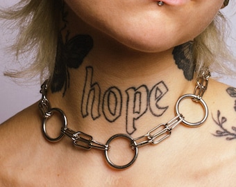 Stainless steel 5 O-ring double chained choker necklace. Industrial jewelry, Nickel free, edgy chain, grunge, punk, rave, techno, hardware