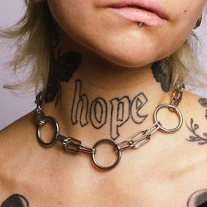 Stainless steel 5 O-ring double chained choker necklace. Industrial jewelry, Nickel free, edgy chain, grunge, punk, rave, techno, hardware