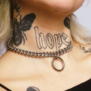 Stainless steel chunky curb chain dangling O-ring choker, Industrial jewelry, Nickel free, alternative, grunge, punk, rave, techno, hardware