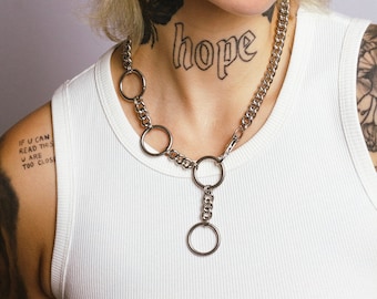 Stainless steel chunky chain adjustable O-ring necklace with swivel clasp. Industrial jewelry, choker necklace. silver, grunge, punk, rave