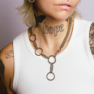 Stainless steel chunky chain adjustable O-ring necklace with swivel clasp. Industrial jewelry, choker necklace. silver, grunge, punk, rave