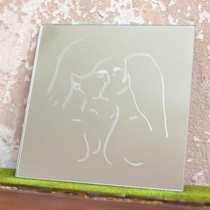 Etched women kissing mirror 30 x 30 cm and 15 x 15 cm. Home decor, queer art, lesbian gift, lesbian wall art, minimalist home decor image 1