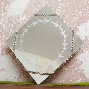 Etched Barbwire mirror 30 x 30 cm. home decor, Grunge home decor, Gothic home decor, wall decoration, unique home decor. Grunge aesthetic