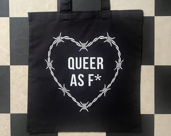 Cotton black tote bag barbwire Queer as F*, white and pink, with long handles, HTV