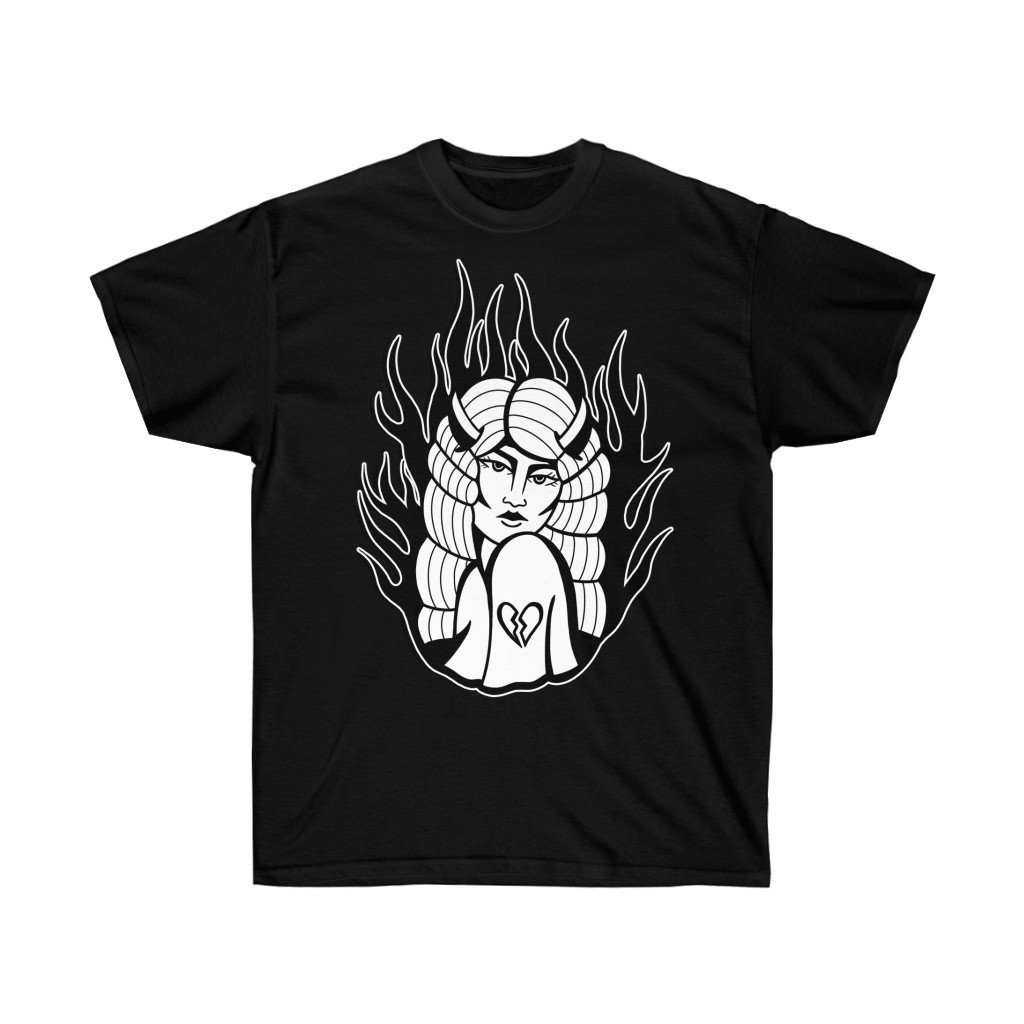 Unisex Oversized Tattooed Devil Girl T Shirt Rave Punk 90s