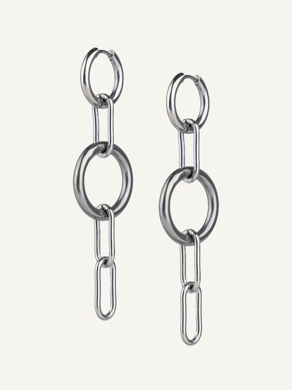 Stainless Steel Hoop Earrings with Hanging Chain – Handmade Alt Jewelry from Berlin