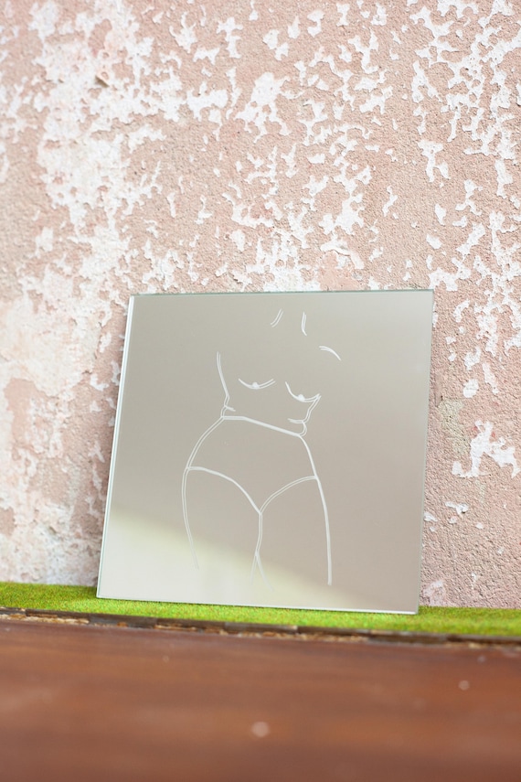 Etched naked female body mirror 30 x 30 cm and 15 x 15 cm. Home decor, body positivity art, line drawing wall art, minimalist home decor