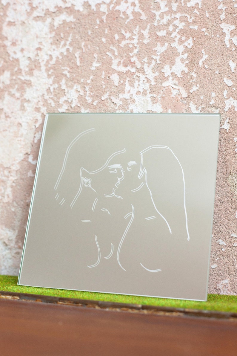 Etched women kissing mirror 30 x 30 cm and 15 x 15 cm. Home decor, queer art, lesbian gift, lesbian wall art, minimalist home decor image 1
