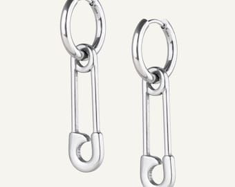 Handmade Stainless Steel Hoop Earring with Small Safety Pin Pendant – Minimal Punk Jewelry from Berlin