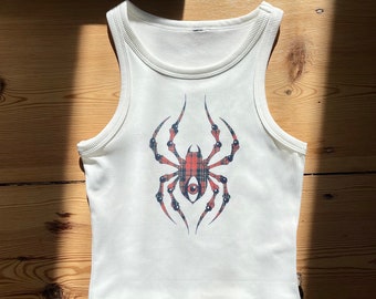 Camiseta sin mangas acanalada con araña tartán, tela acanalada, rock and roll, alternativa, pastel goth, feminista, regalo, retro, vintage look, verano, años 70