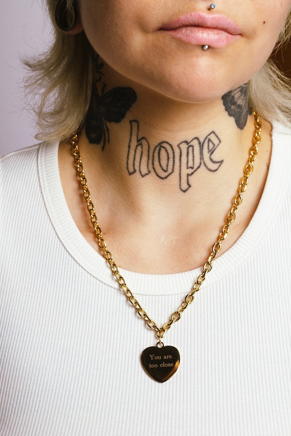 Stainless steel gold chain engraved heart pendant necklace, you are too close 50 cm, Nickel free, alternative, pastel goth, feminist, gift