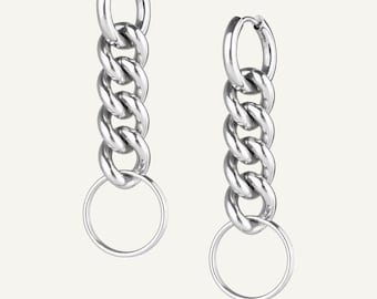 Handmade Stainless Steel Hoop Earring with Hanging Chain and Keyring – Alternative Industrial Jewelry from Berlin
