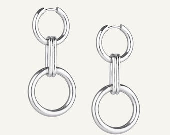 Stainless Steel Hoop Earring with Dual Chains & Ring – Handmade Industrial Jewelry from Berlin
