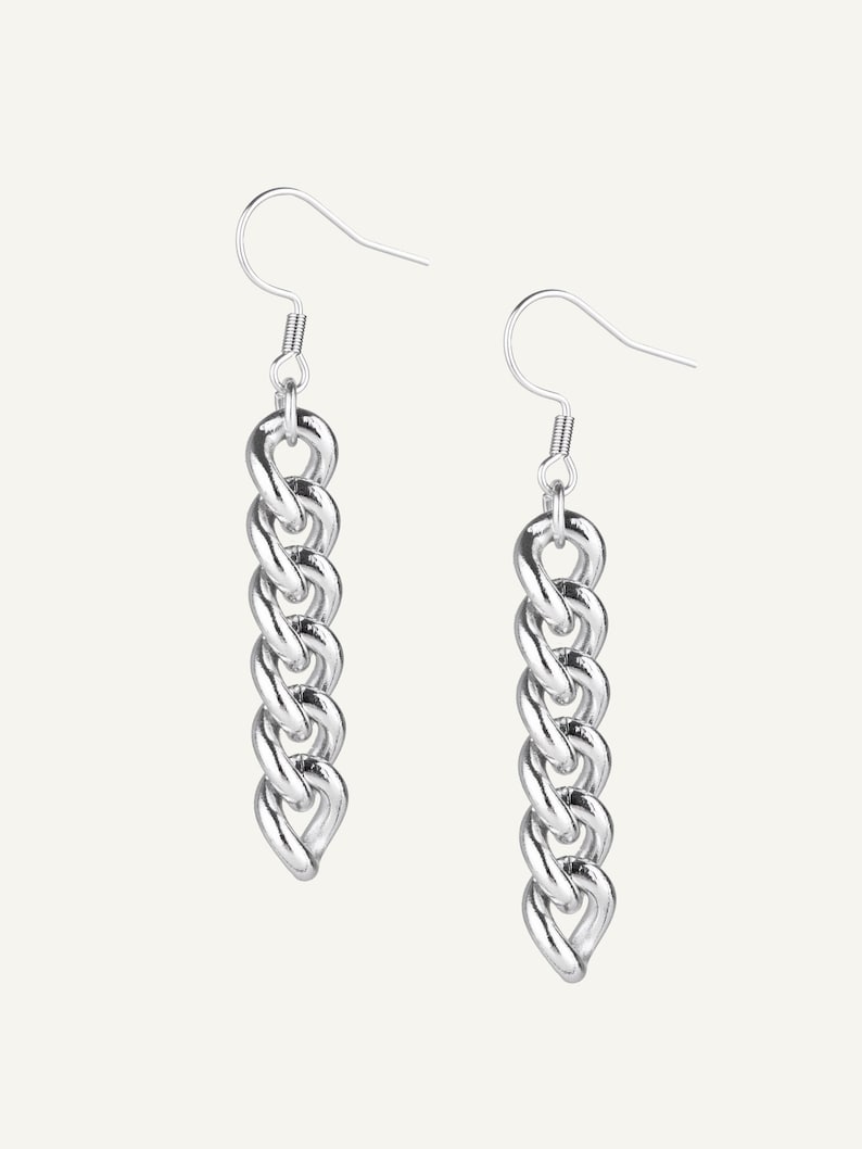 Handmade Stainless Steel Hook Earring with Hanging Chain – Alternative Minimalist Industrial Jewelry from Berlin