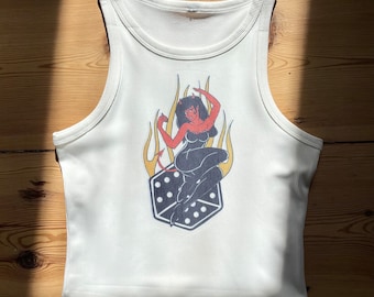 Geripptes Tanktop mit Teufel auf Würfeln, gerippter Stoff, Rock and Roll, Alternative, Pastell-Gothic, feministisch, Geschenk, Retro, Vintage-Look, Sommer, 70er Jahre