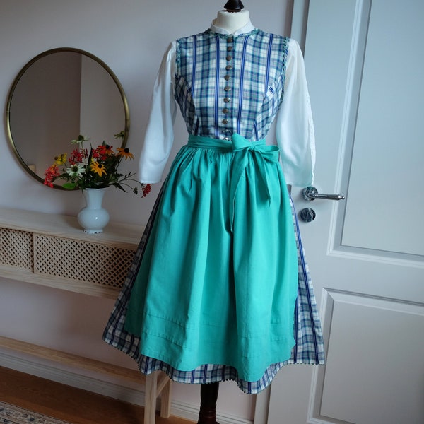 Vintage Dirndl Hochgeschlossen Blau-Grünes Karo Gr. 38/ 40 2-tlg.