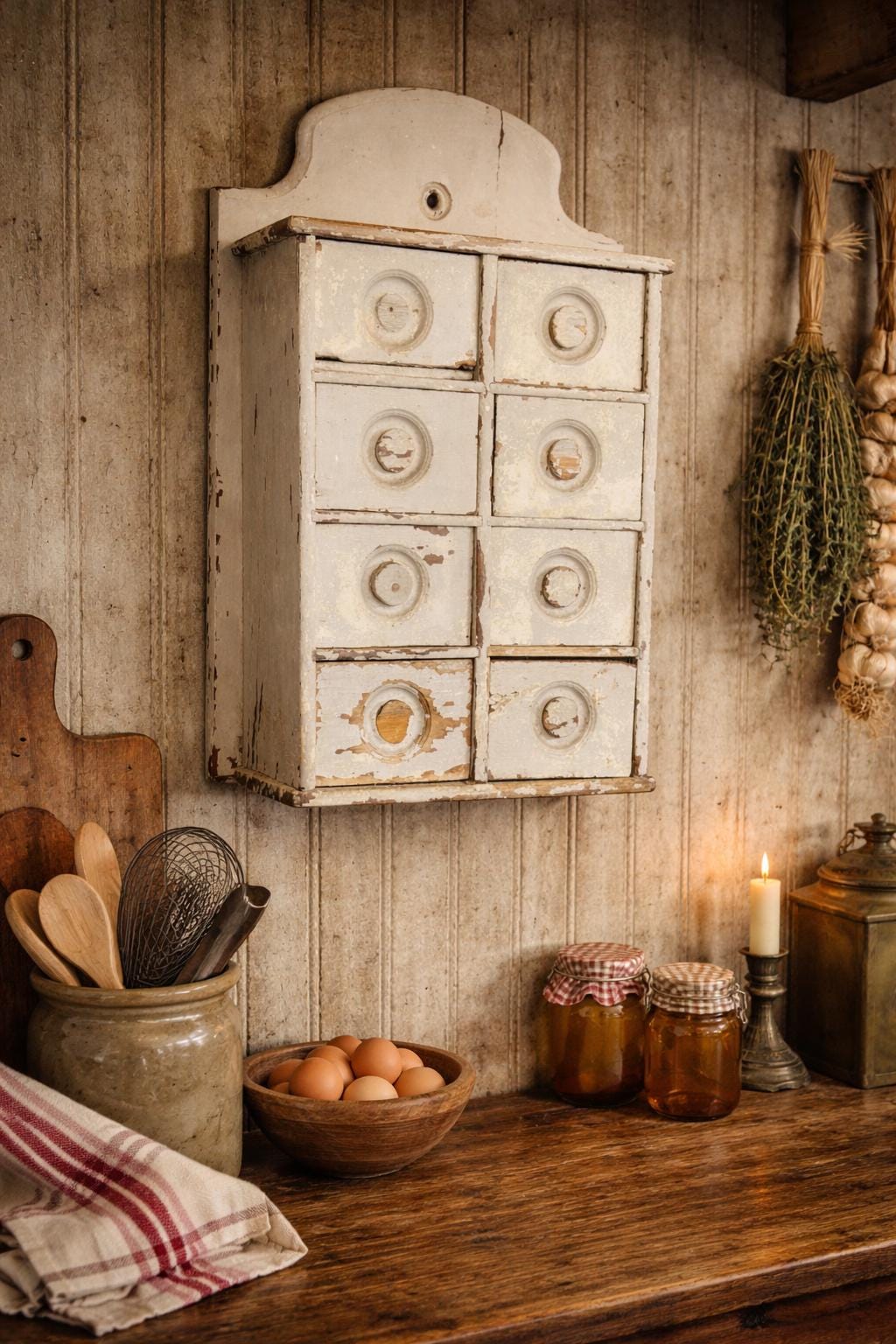 Antique 8 Drawer Wood Wall Spice Cabinet Primitive Vintage Painted