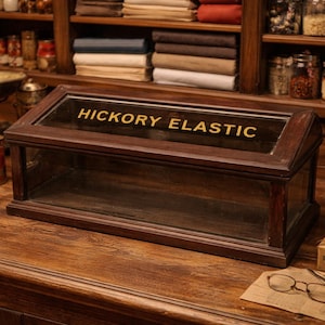 May include: A wooden display case with the words "HICKORY ELASTIC" in gold lettering on the glass top. The case sits on a wooden counter, with shelves of jars and fabric in the background.