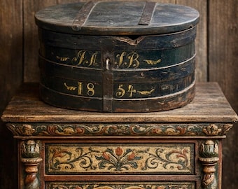 Primitive Swedish Bentwood Chest Trunk Forged Iron Straps 1853 With Key Green Paint