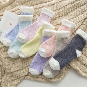 Pastel fuzzy socks, winter socks, warm socks, cozy socks, sleep socks, gift for her, special occasion image 1