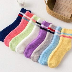 Striped fuzzy socks, warm socks, soft socks, gift for her, cozy socks White