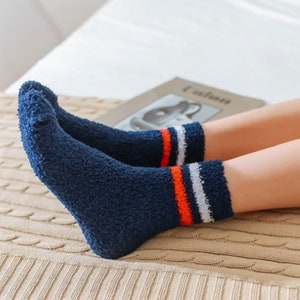 Striped fuzzy socks, warm socks, soft socks, gift for her, cozy socks Navy