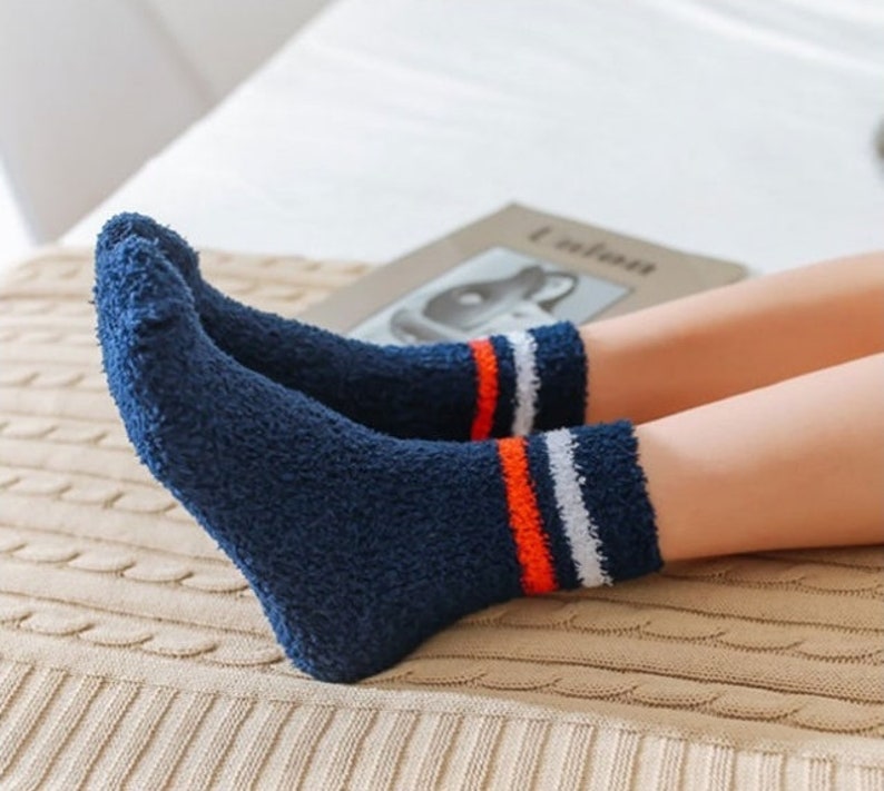 Striped fuzzy socks, warm socks, soft socks, gift for her, cozy socks Navy