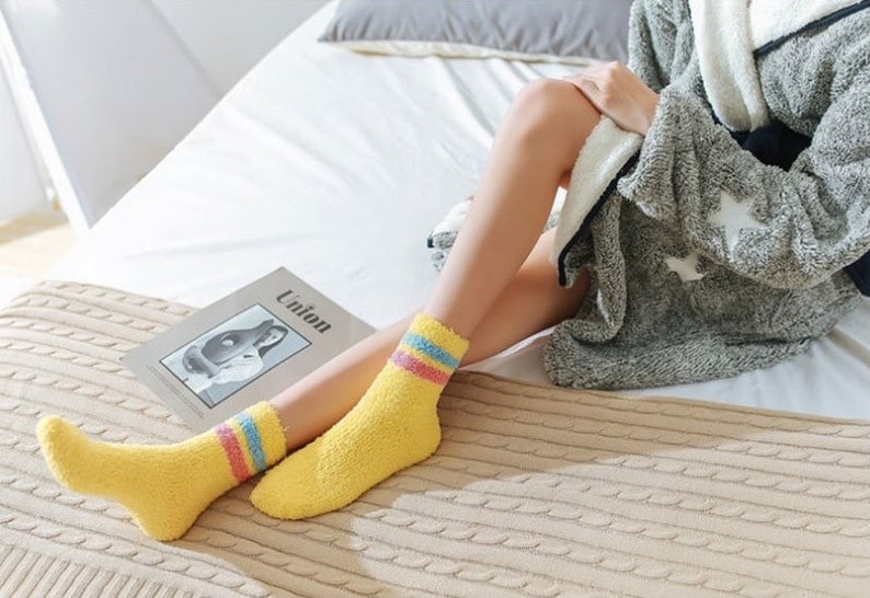 Striped fuzzy socks, warm socks, soft socks, gift for her, cozy socks Yellow