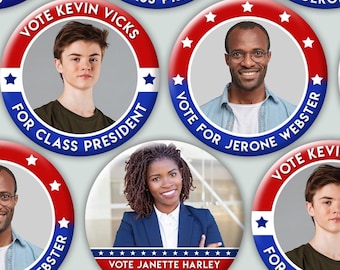 Campaign Custom Pin back Buttons - Personalized badges for school elections, political swag, electoral merch, vote for items - 2.25"