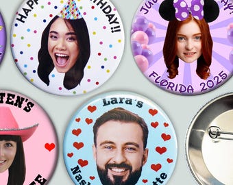 Custom Face Cutout Buttons - Funny photo pin backs for Birthdays, Bachelorette, theme parties, etc. with a head cut out - 1.25", 2.25" & 3"