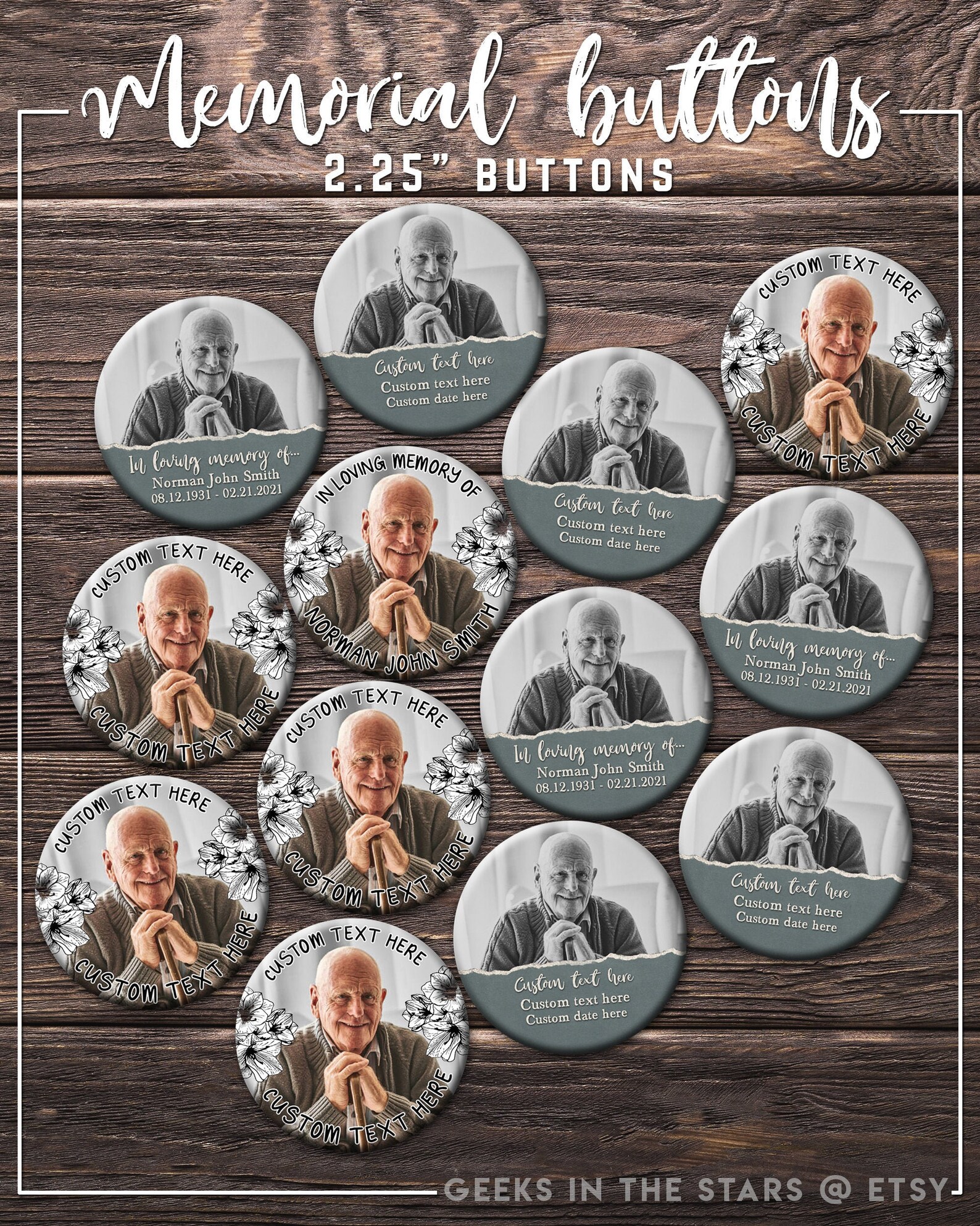 Memorial Buttons Custom picture and custom text Size Etsy