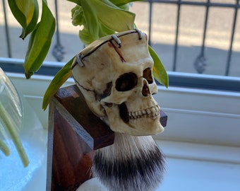 Frankenstein Skull Shaving Brush, Resin Faux Bone, Wet Shaving