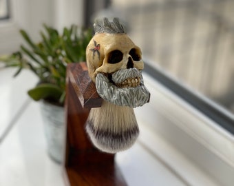 Silver Fox Skull Shaving Brush with Swallow Tattoo, Barber Gift