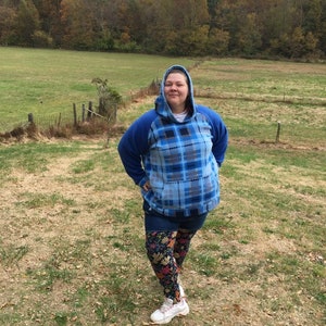 Blue Plaid Pullover Fleece hoodie raglan sleeve PLUS SIZE hoodie HANDMADE fleece jacket with kangaroo pockets Size 4X image 3