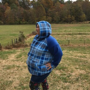 Blue Plaid Pullover Fleece hoodie raglan sleeve PLUS SIZE hoodie HANDMADE fleece jacket with kangaroo pockets Size 4X image 10