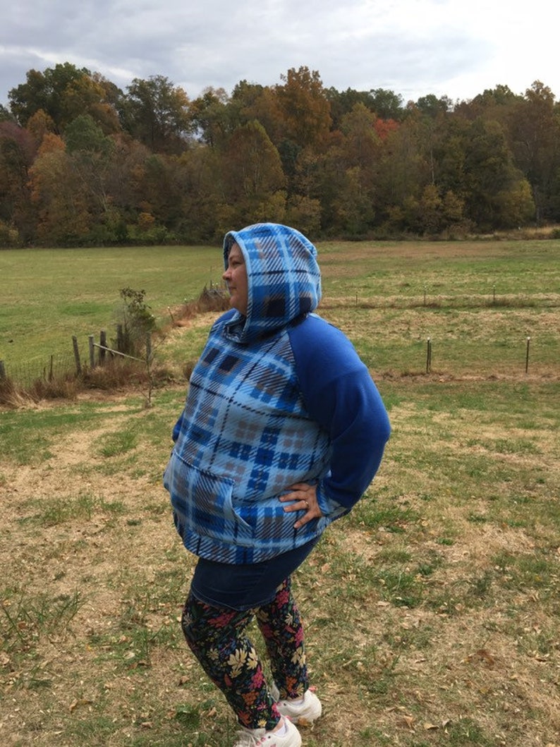 Blue Plaid Pullover Fleece hoodie raglan sleeve PLUS SIZE hoodie HANDMADE fleece jacket with kangaroo pockets Size 4X image 10