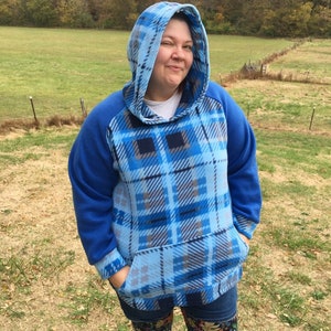 Blue Plaid Pullover Fleece hoodie raglan sleeve PLUS SIZE hoodie HANDMADE fleece jacket with kangaroo pockets Size 4X image 5