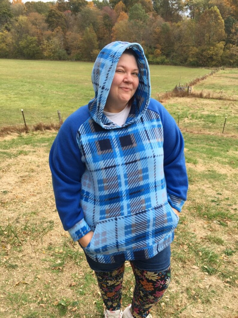 Blue Plaid Pullover Fleece hoodie raglan sleeve PLUS SIZE hoodie HANDMADE fleece jacket with kangaroo pockets Size 4X image 5