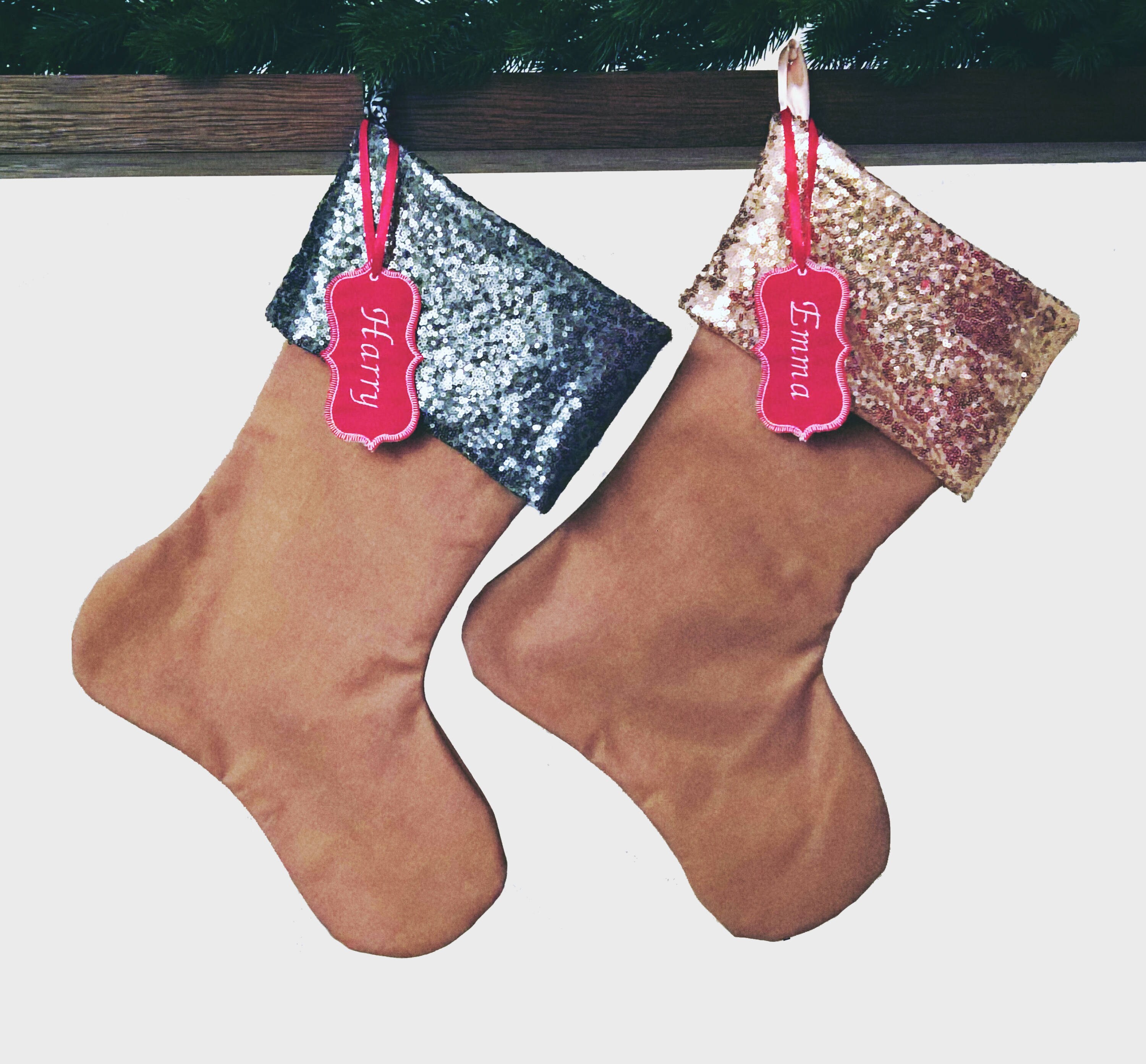 set of 4 four large sequin cuff handmade christmas stocking fireplace decor champagne gunmetal embroidered name tag personalized gift - Handmade Christmas Stockings set of 4 four large sequin cuff handmade christmas stocking fireplace decor champagne gunmetal embroidered name tag personalized gift - Handmade Christmas Stockings