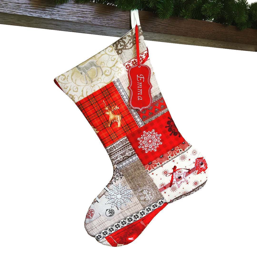 SET of 3 THREE Patchwork Boho Classic Check Reindeer Christmas Stocking Fireplace Decor Red Gray White Beige Name Tag Personalized Gift