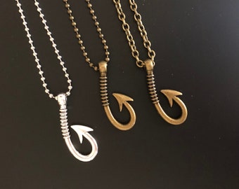 Mens Necklace Mens Pendant Fish Hook Chain Necklace Fishing Gift for Man Cool Surfer Beach Jewelry Boho Masculine Necklace Antique Brass