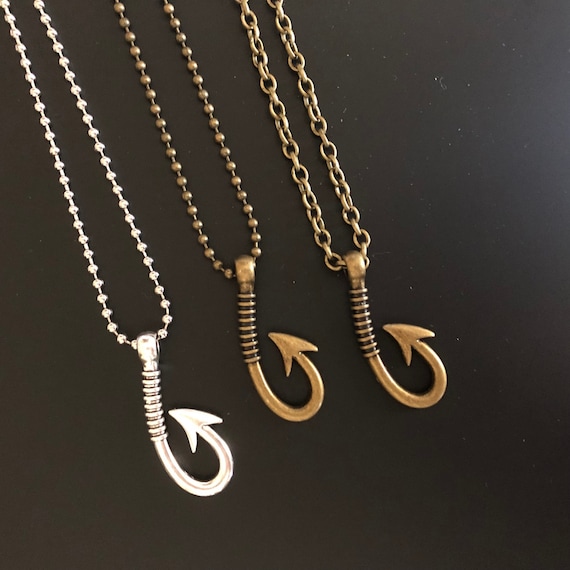 Mens Necklace Mens Pendant Fish Hook Chain Necklace Fishing Gift for Man Cool Surfer Beach Jewelry Boho Masculine Necklace Antique Brass