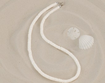 Mens Surfer Necklace | White Heishi Puka Shell Choker Necklace | Sea Shell Necklace Beach Jewelry | Gift for Husband Dad Boyfriend Brother