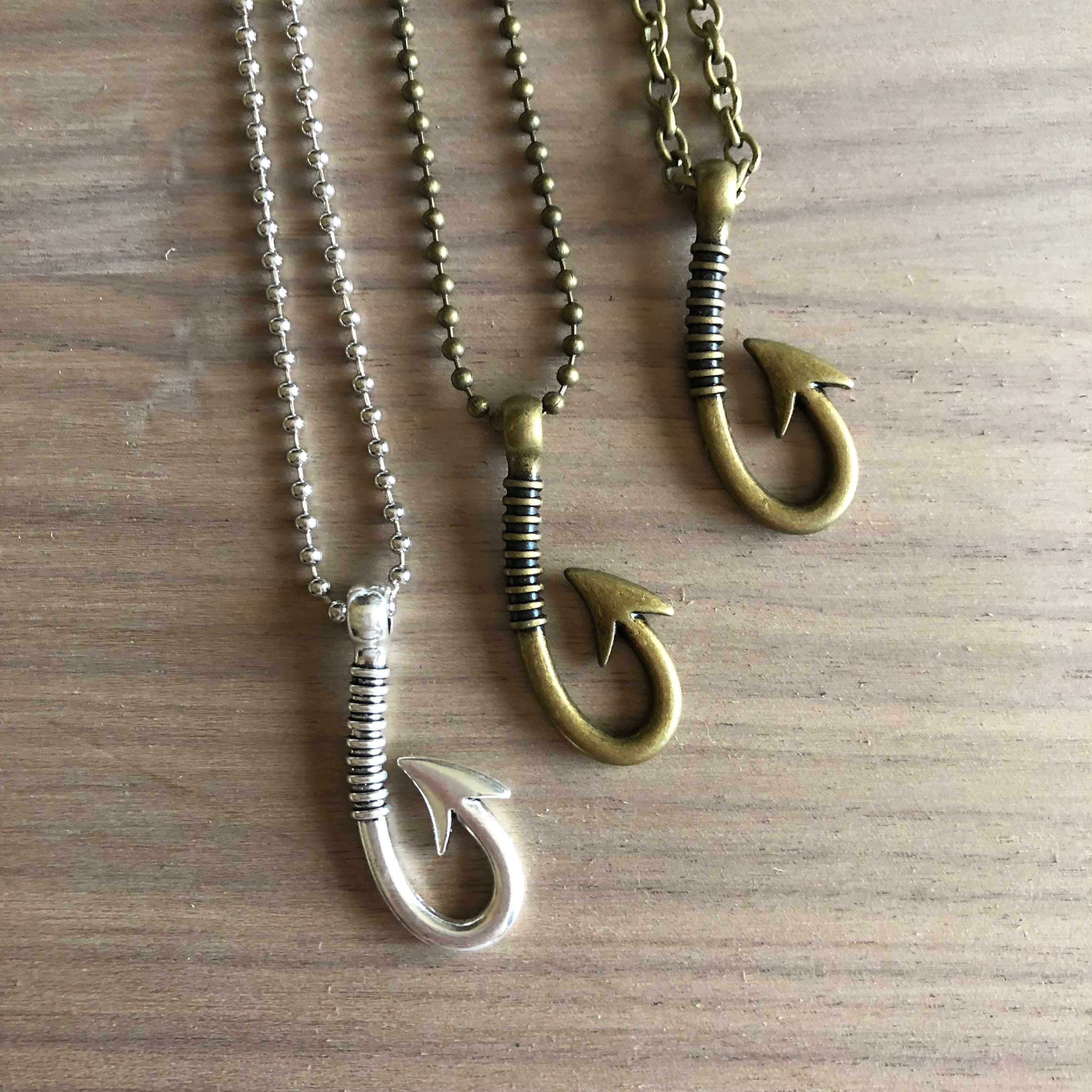 Mens Necklace Mens Pendant Fish Hook Chain Necklace Fishing Gift for Man Cool Surfer Beach