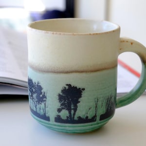 Forest Mug. Handmade ceramic coffee mug or tea cup with forest tree design