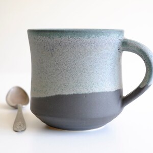 Large handmade ceramic coffee mug or tea cup, blue with deep charcoal gray