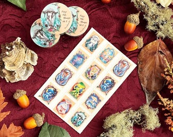 May include: A rectangular sheet of postage-style stickers featuring colorful illustrations of mushrooms and forest creatures, alongside two circular sticker rolls labeled Fungi Folk Stamps Vol. 2, displayed on a deep red textured surface.